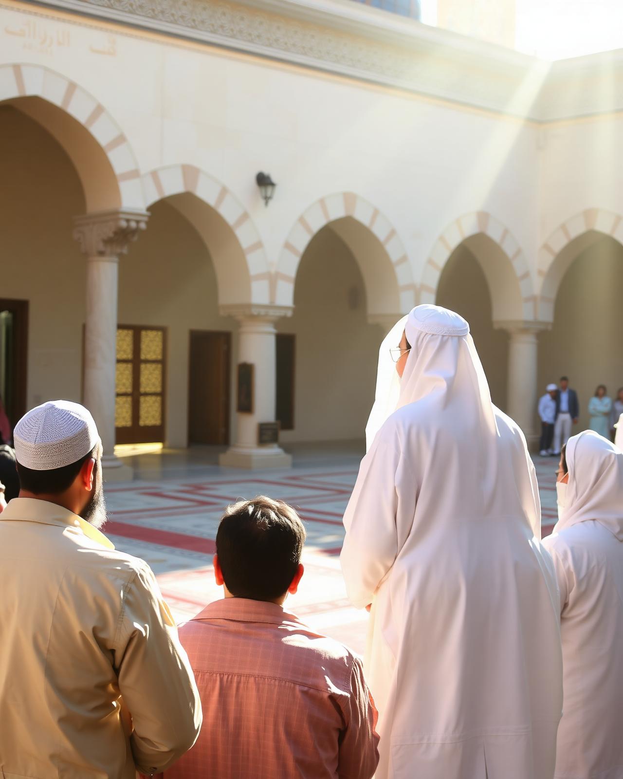 A scholar teaching pilgrims in a mosque courtyard