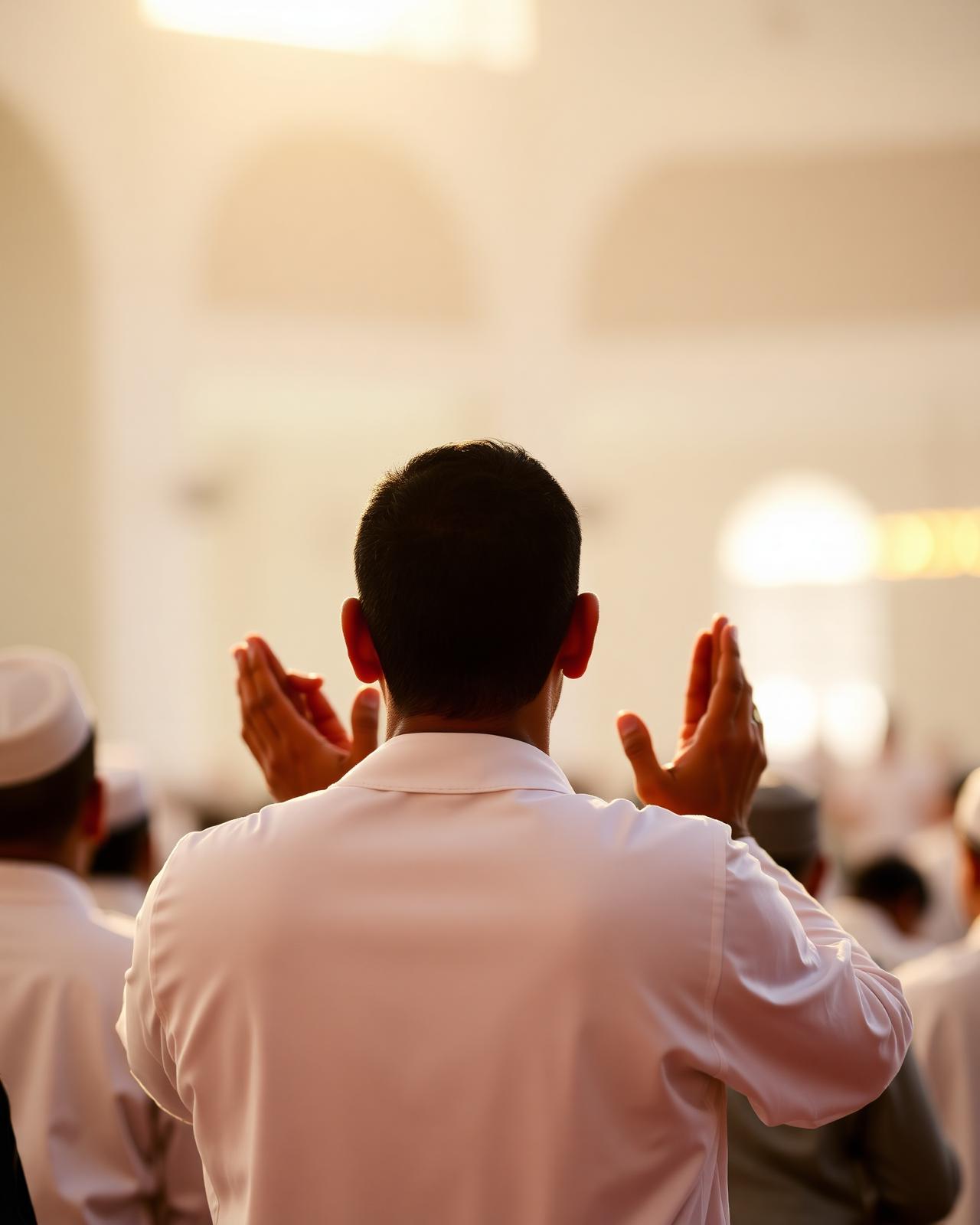 A pilgrim in prayer with raised hands