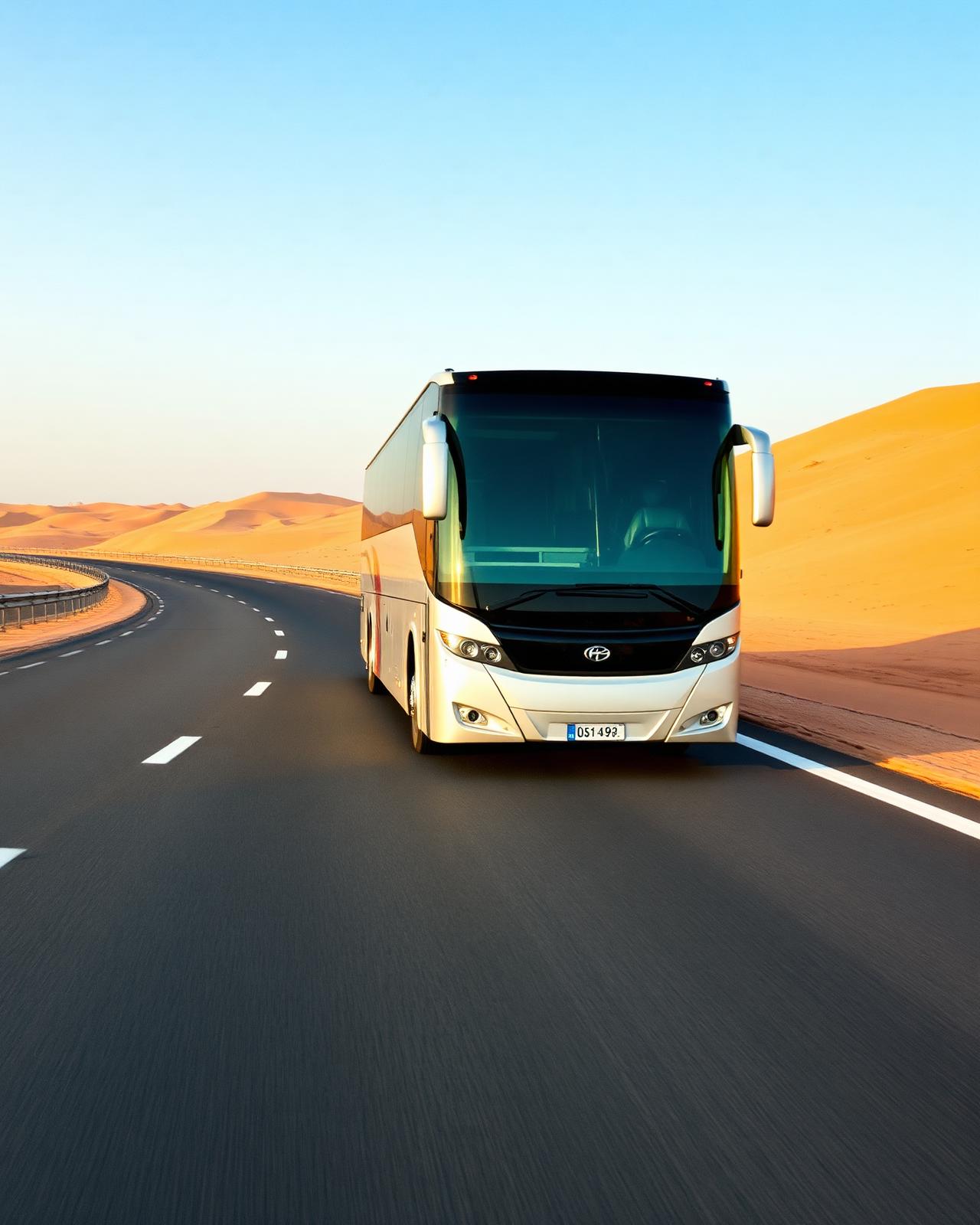 A luxury coach travelling toward Makkah